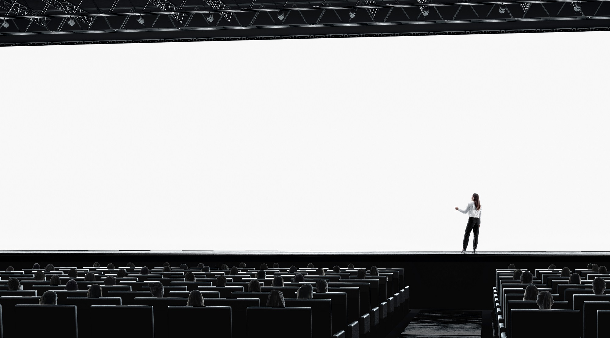 Shows empty event room but active screen